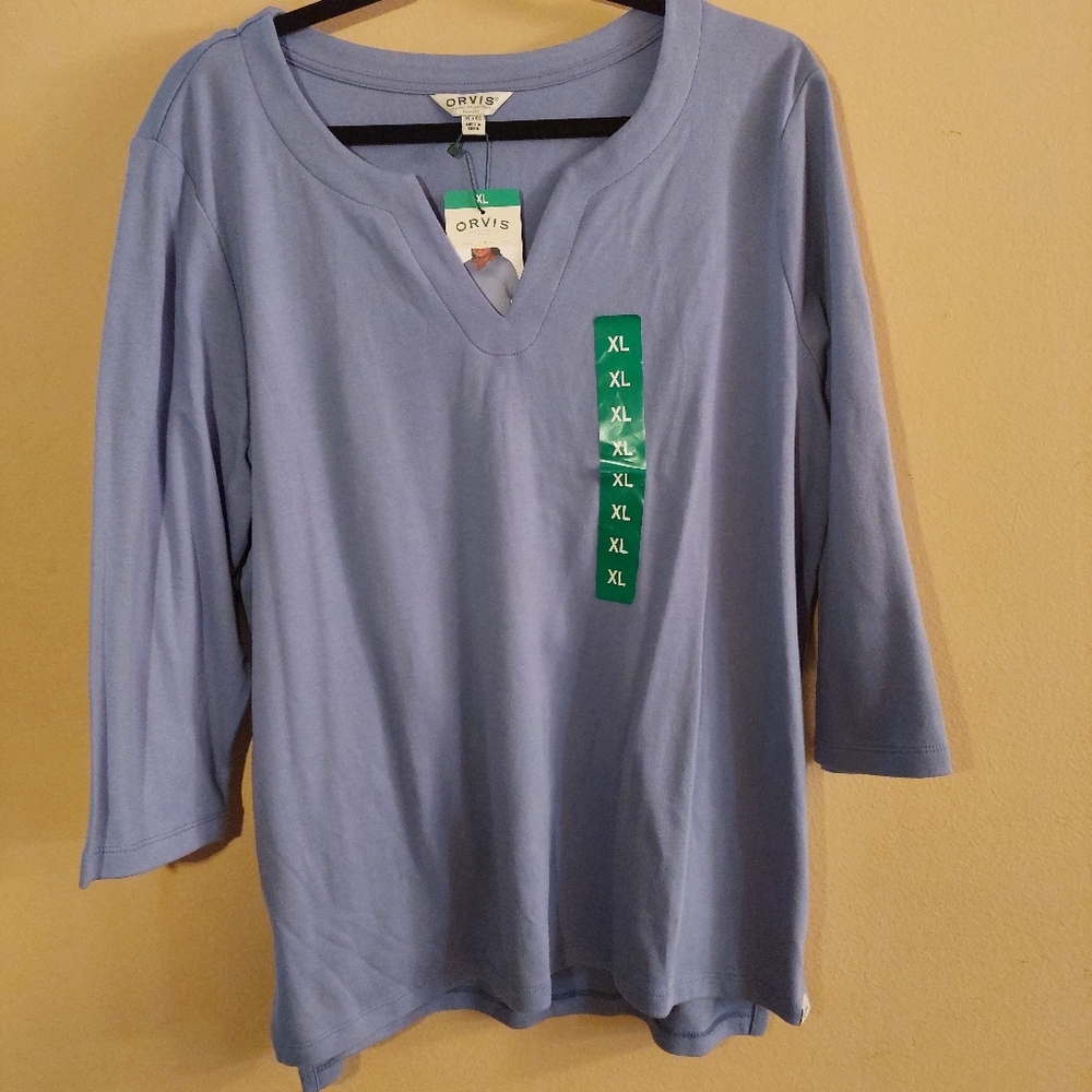 Orvis Pima cotton V neck 3/4 sleeve periwinkle blue casual top. XL